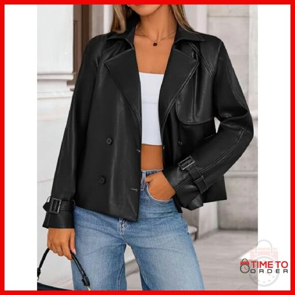 Faux Leather Oversized Moto Jacket Women's Button Coat Fall Winter - Picture 3 of 7